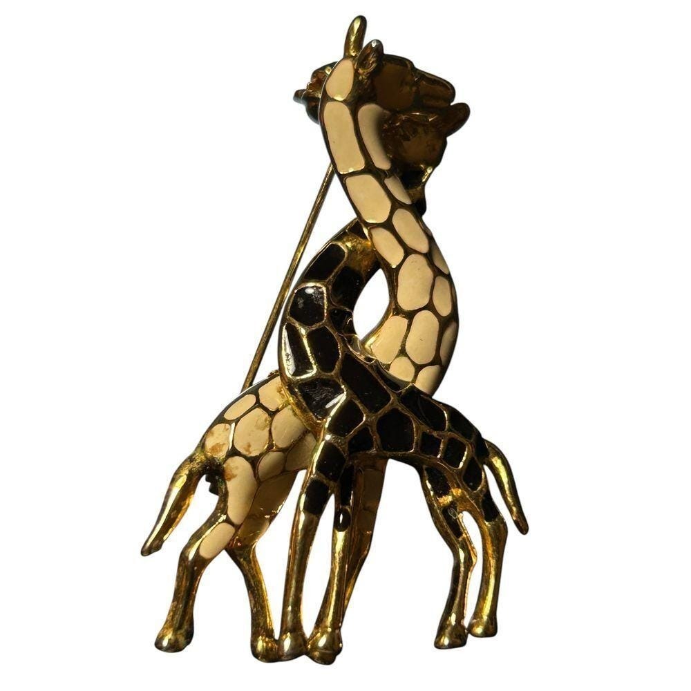 Gold Tone Giraffe Brooch Pin Enamel Safari Animal Statement Jewelry 2 inch